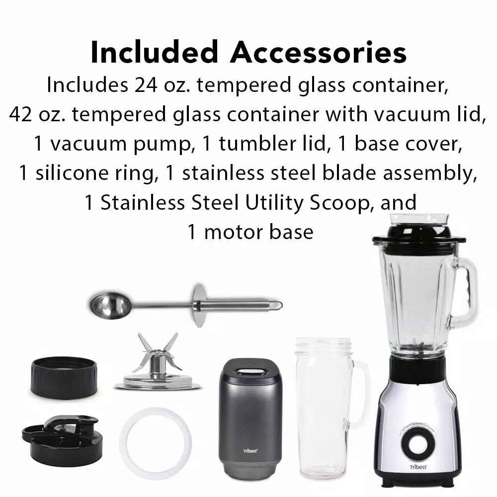 Tribest PBG-5001 Glass Personal Blender with Vacuum Technology, 4-Speed, Chrome