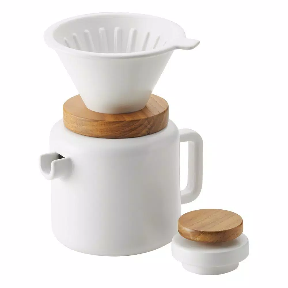 BonJour Ceramic 4-Cup Matte White Pour Over Coffee Set with Teak Wood Accent