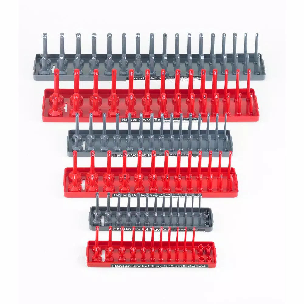 Hansen Global Inc. 6-Pack Socket Organizer Trays, SAE and Metric, 1/2 in., 3/8 in., and 1/4 in. Drives, Red and Grey