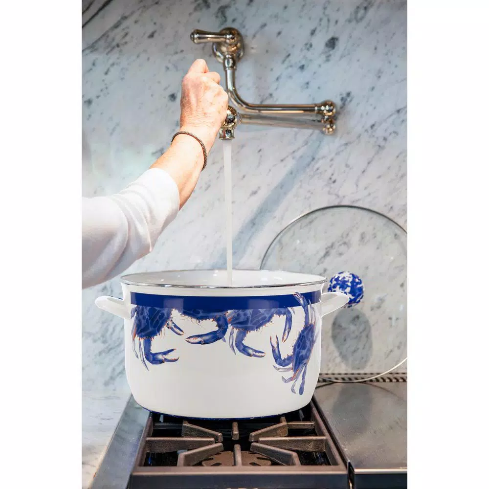 Golden Rabbit Blue Crab 18 qt. Porcelain-Coated Steel Stock Pot Set with Glass Lid and Rack