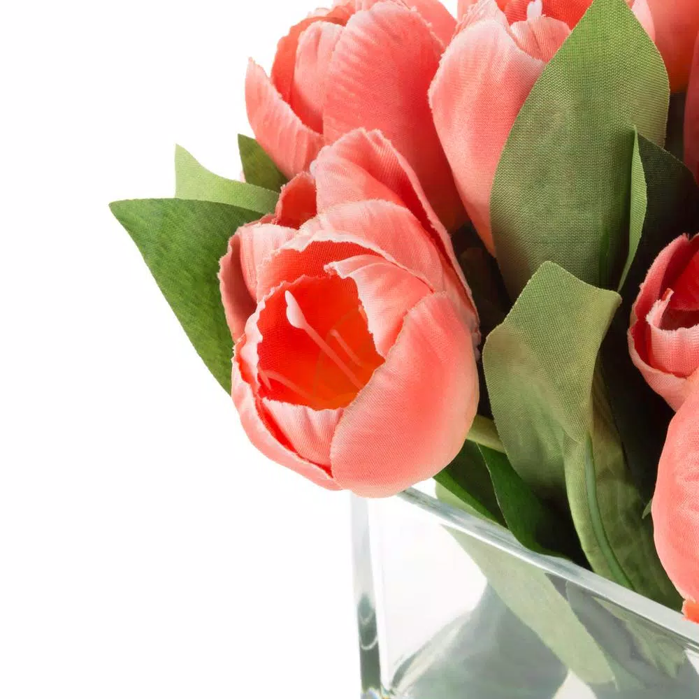 Pure Garden Soft Coral Tulip Floral Arrangement with Glass Vase and Faux Water