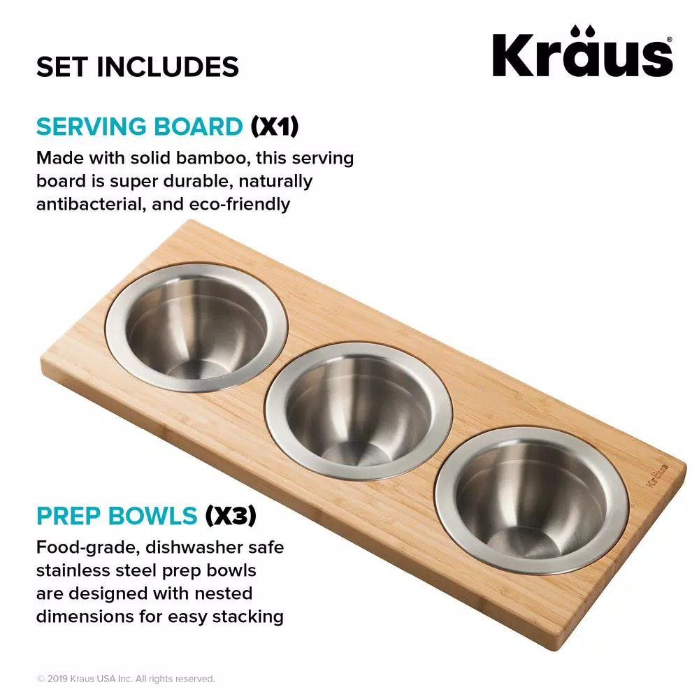Kraus 16.75 in. Bamboo Workstation Kitchen Sink Serving Board Set with 3 Stainless Steel Prep Bowls