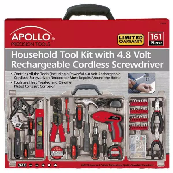 Apollo 161-Piece Home Tool Kit with 4.8V Cordless Rechargeable Screwdriver