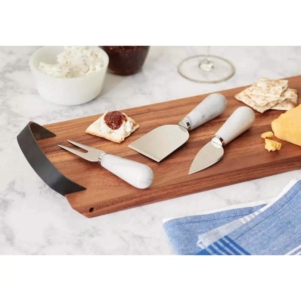 Fox Run White Marble and Stainless Steel Cheese Knife Set of 3 - Knife, Fork, and Spreader