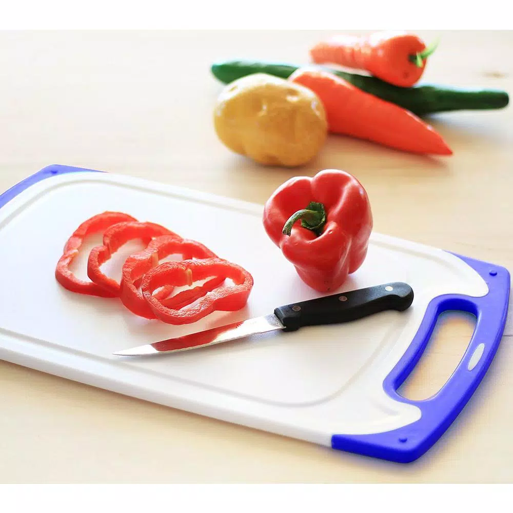 Belwares 3-Piece Plastic Cutting Board Set with Non-Slip Feet and Deep Drip Grooves, Blue