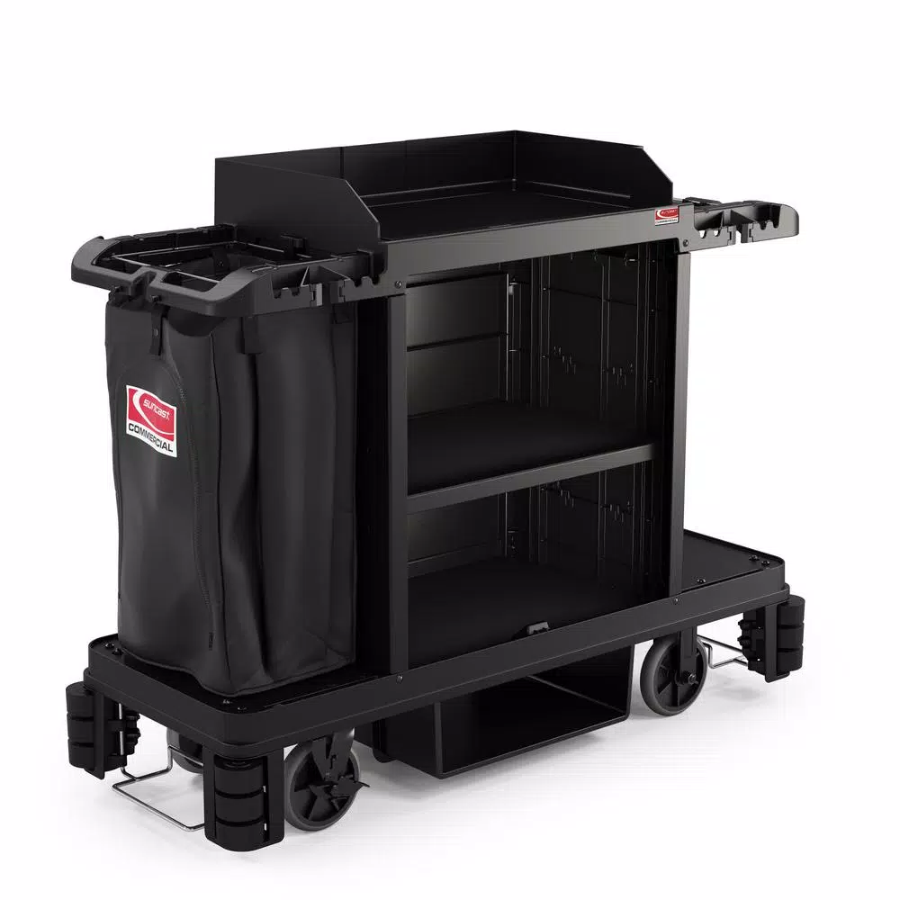 Suncast Commercial Housekeeping Plastic Cleaning Cart with Laundry Bag and Tool Storage