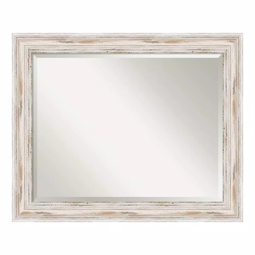 Amanti Art Alexandria 33 in. W x 27 in. H Distressed Whitewash Wood Framed Beveled Edge Bathroom Mirror
