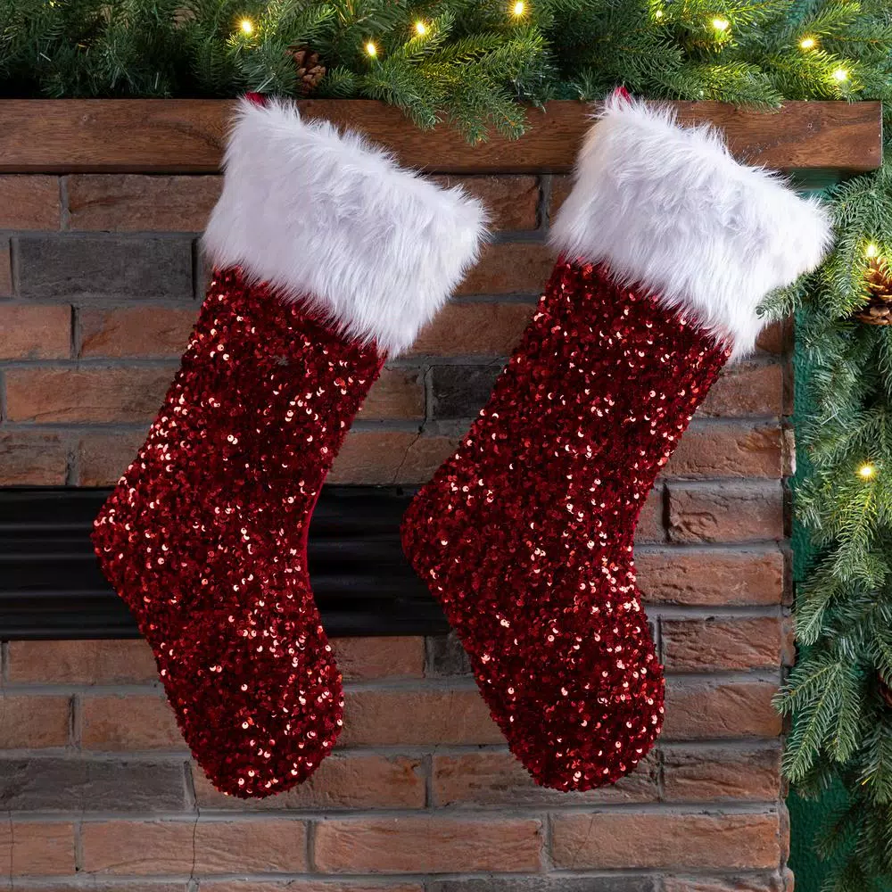 Glitzhome 21 in. Red Sequin Christmas Stocking with White Faux Fur Cuff (2-Pack)
