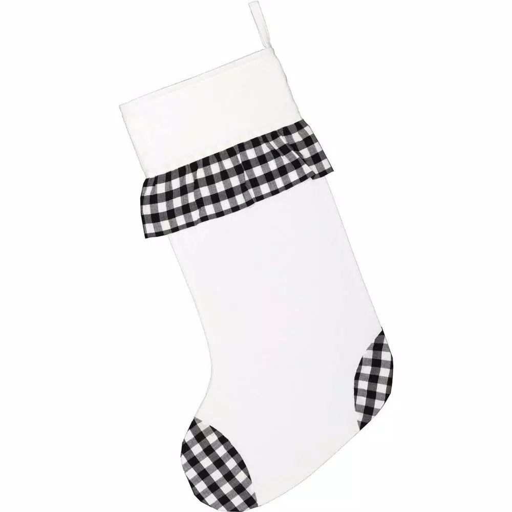 VHC Brands 20 in. Emmie Farmhouse Christmas Decor Black and White Check Ruffle Stocking
