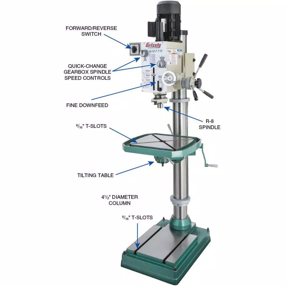 Grizzly Industrial Heavy-Duty Floor Model Gearhead Drill Press with 2 HP Motor, 220V