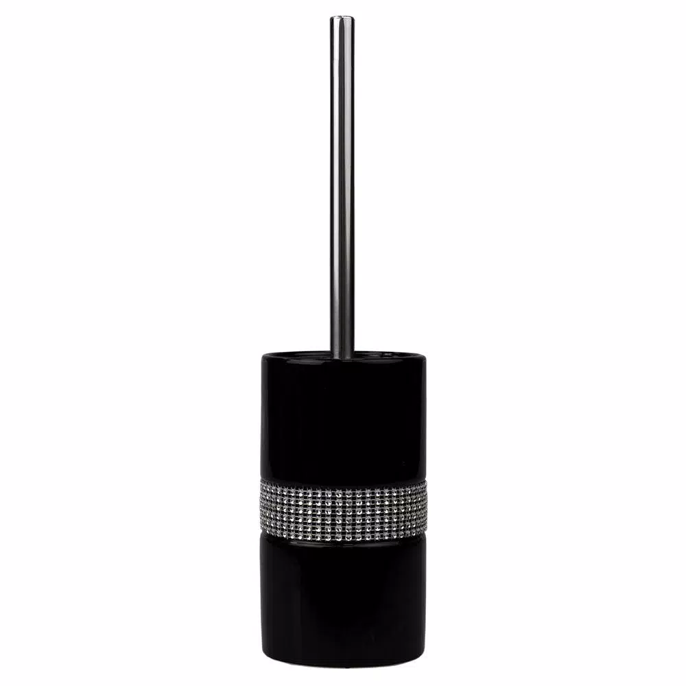 Unbranded Black Ceramic Luxury Toilet Brush Holder with Sequin Accents and Stainless Steel Handle