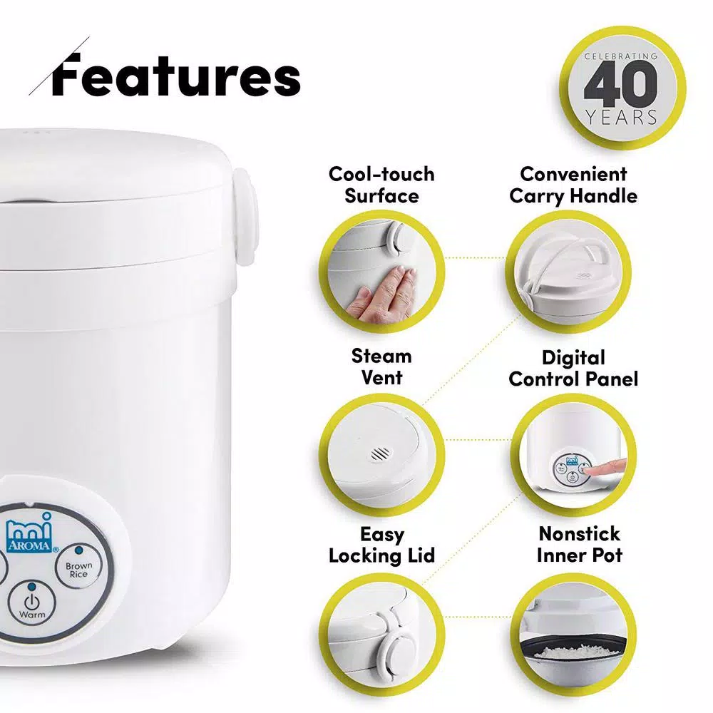 Aroma 3-Cup Mini Rice Cooker with Non-Stick Pot, White