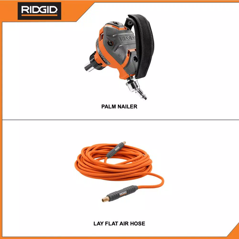 RIDGID 3-1/2 in. Full-Size Palm Nailer and 50 ft. Lay Flat Air Hose Combo Kit