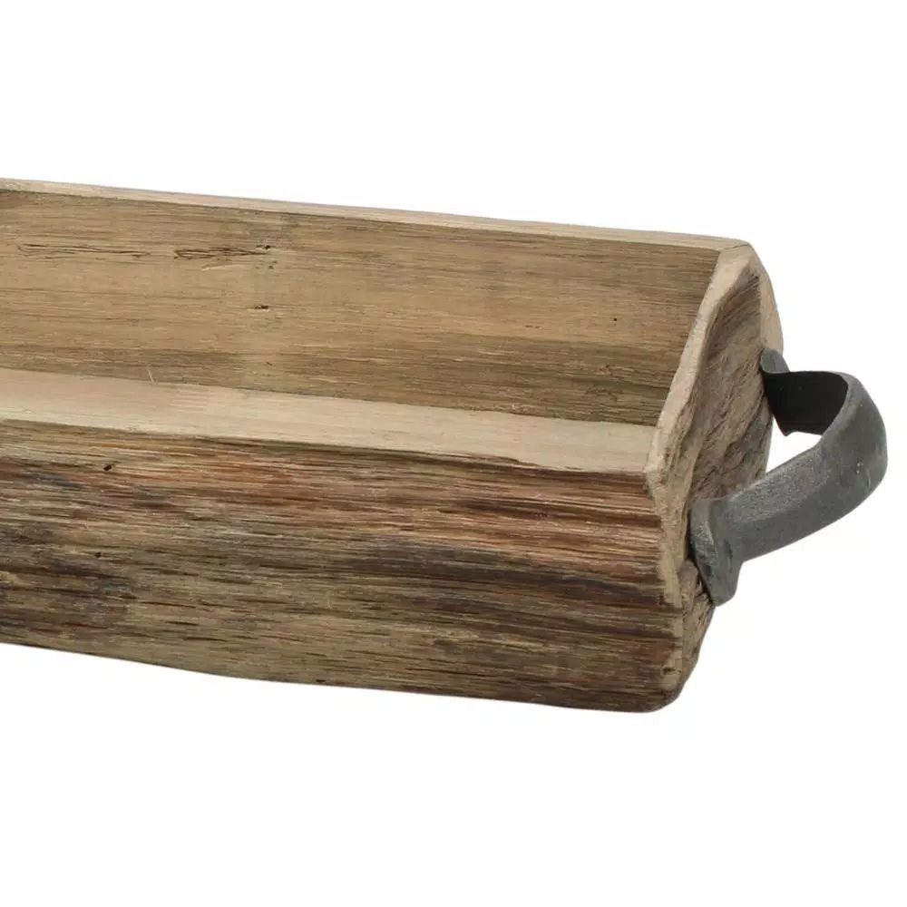 Stonebriar Collection Stonebriar Brown Wooden Bark Decorative Tray with Metal Handles