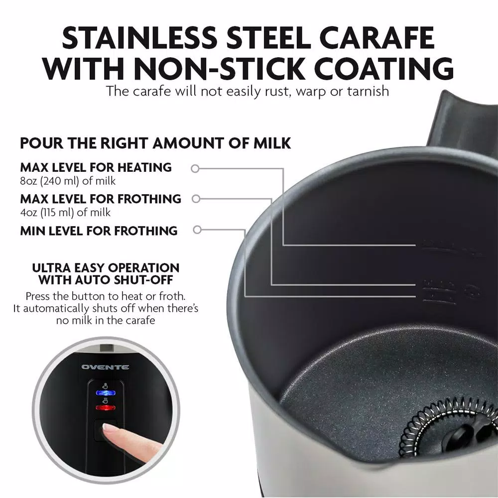 Ovente FR1208 3-in-1 Electric Milk Frother & Heater, Black Stainless Steel, 8.1 oz