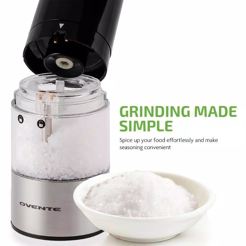 Ovente Electric Salt and Pepper Grinder Set, Stainless Steel with Ceramic Blades, Battery Operated