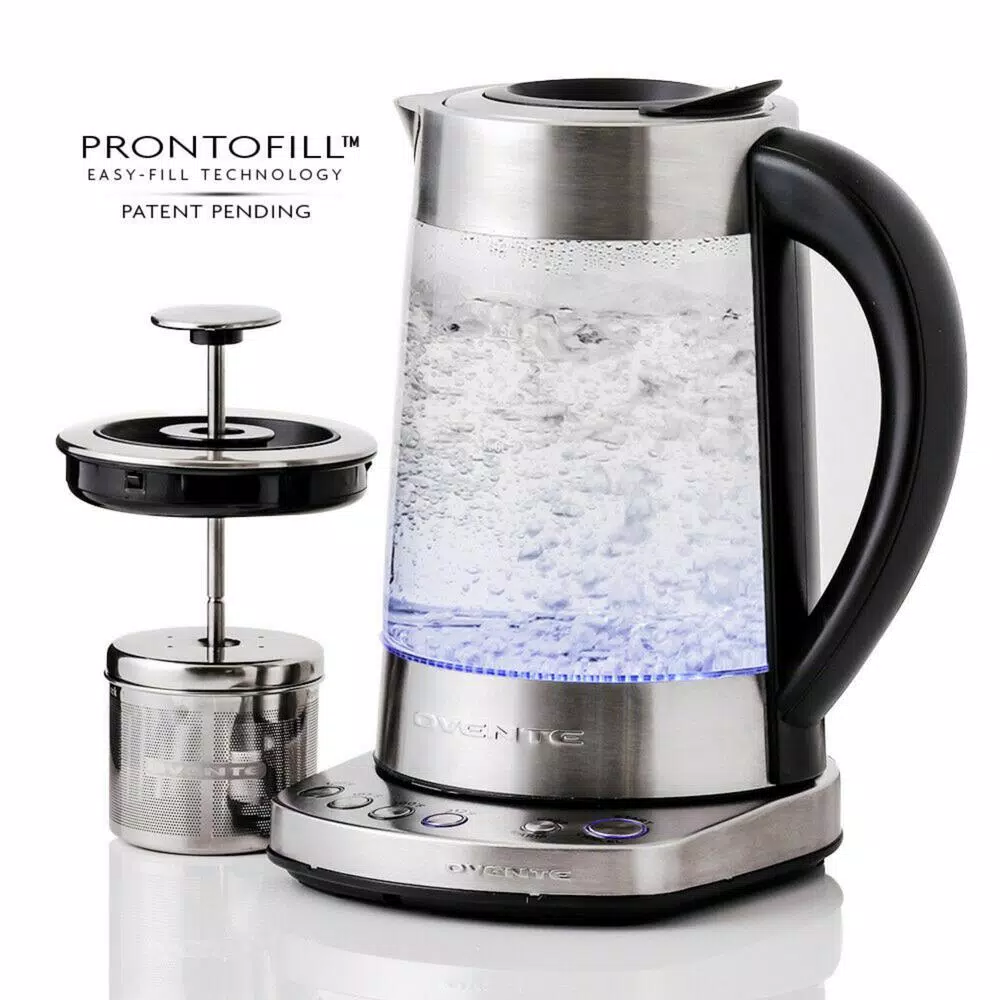 Ovente 1.7L Variable Temperature Glass Electric Kettle with ProntoFill Technology, Silver