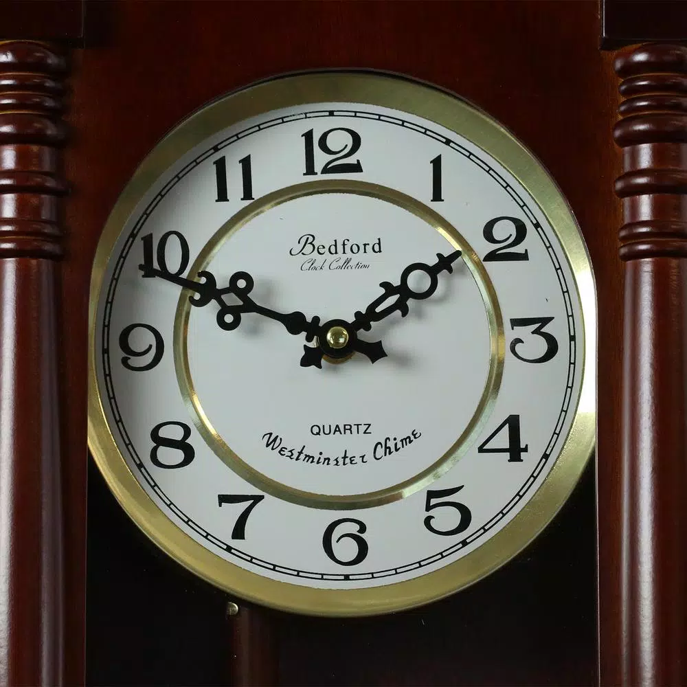 Bedford Clock Collection Cherry Oak Pendulum Wall Clock with 4 Chime Melodies and Carved Accents