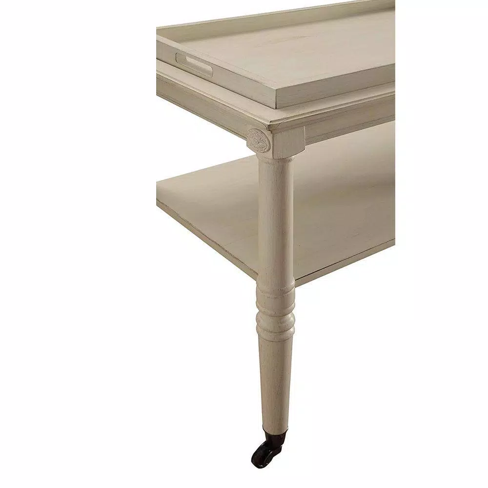 Benjara Antique White Wooden Serving Tray Table with 2-Tier Storage and Casters