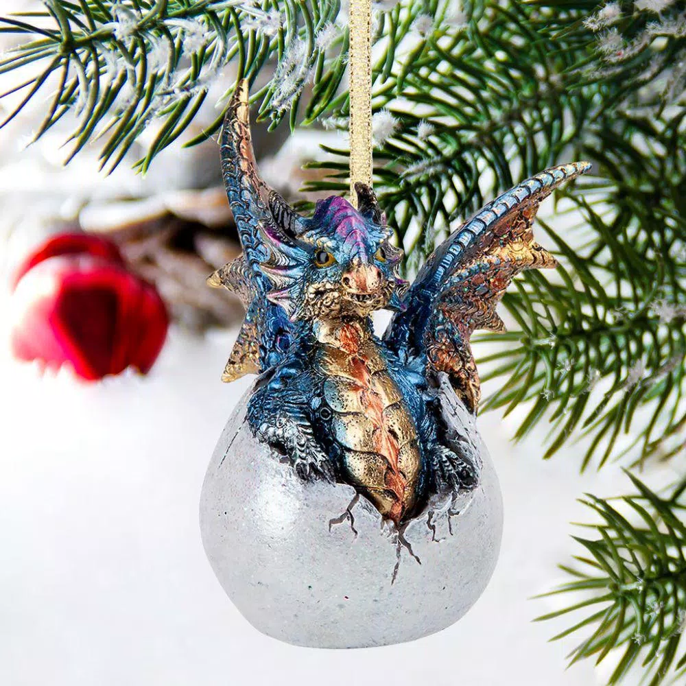 Design Toscano Hard Boiled Dragon Hatchling Holiday Ornament, 3.5 in. Resin Dragon Egg Collectible