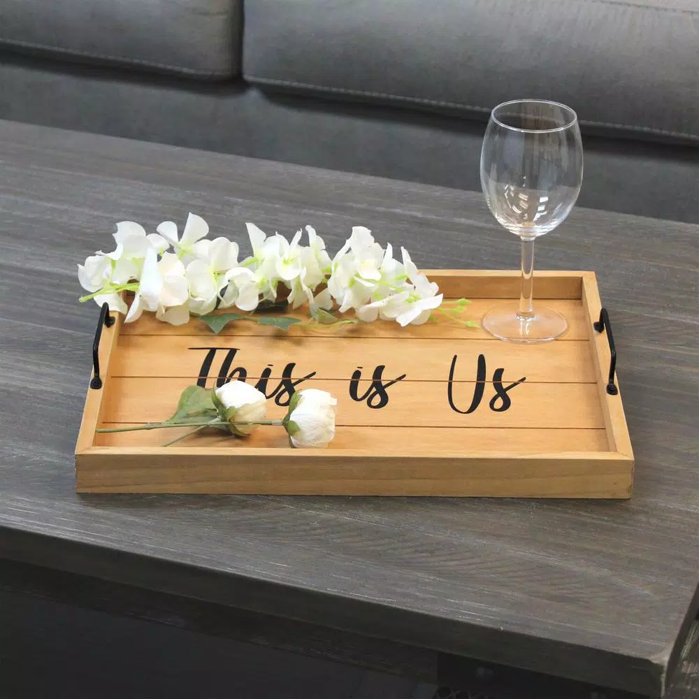 Elegant Designs Natural Wood Decorative Serving Tray with Black Metal Handles - 