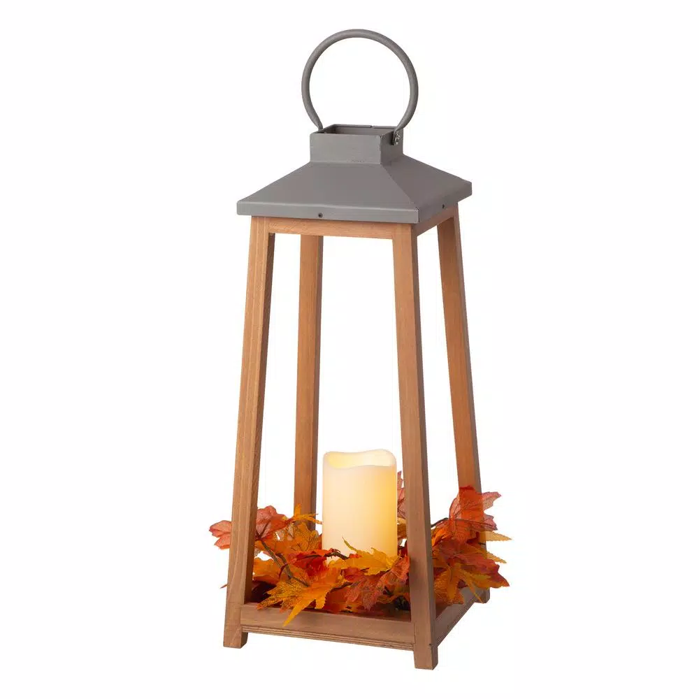 Glitzhome 19.29 in. Wooden and Metal LED Pillar Lantern with 3 Changeable Candle Rings
