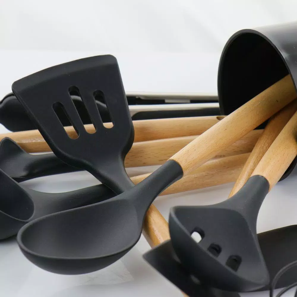 MegaChef 12-Piece Black Silicone and Wood Kitchen Utensil Set