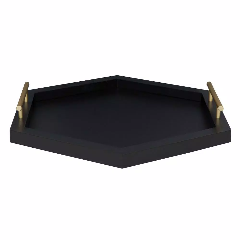 Kate and Laurel Halsey Black Hexagon Decorative Wooden Tray with Gold Metal Handles