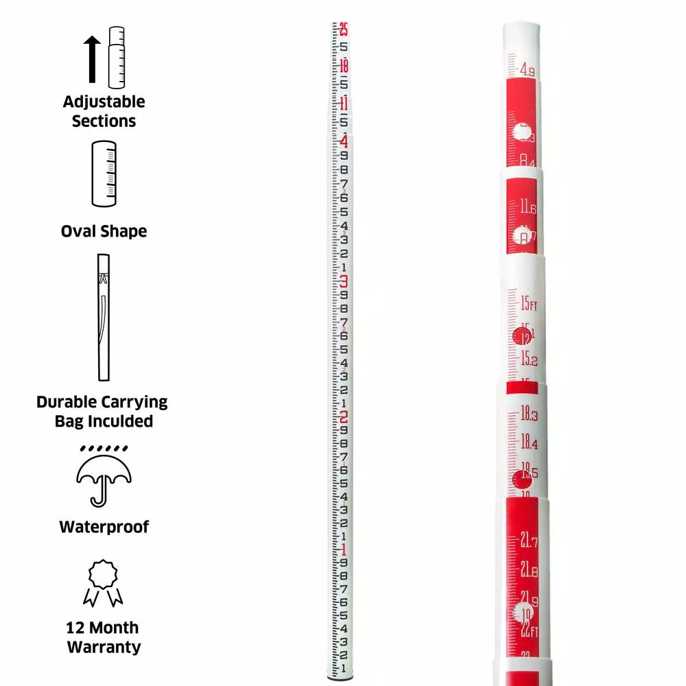 AdirPro 25 ft. Surveyor Oval Leveling Grade Rod, 10ths Scale, Fiberglass