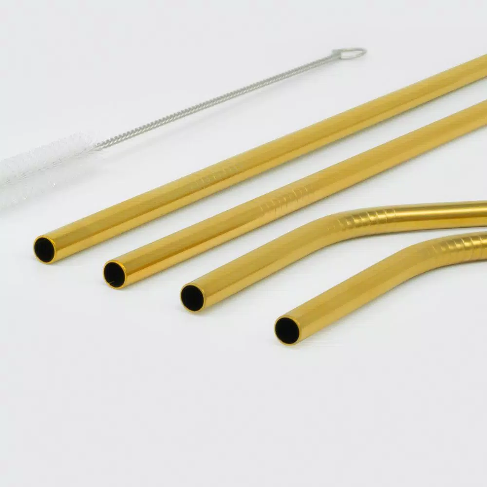 ExcelSteel 10-Piece Gold Stainless Steel Reusable Straw Set with Cleaning Brushes