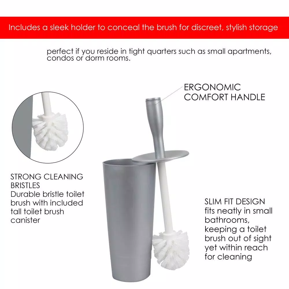 Home Basics Grey Plastic Toilet Brush and Holder Set with Nylon Bristles