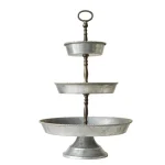 3R Studios 3-Tier Galvanized Metal Round Serving Tray with Handle, Silver Farmhouse Style thumbnail 1