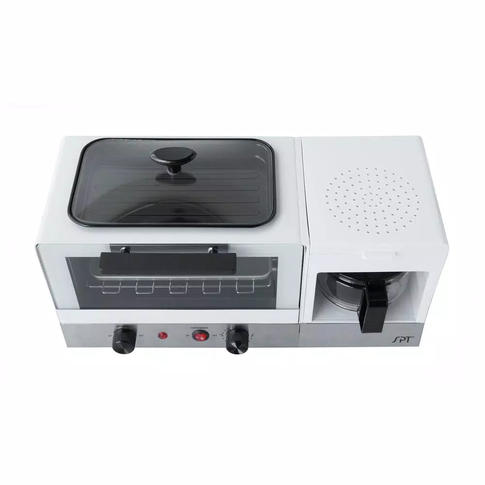 SPT 3-in-1 Breakfast Center 1450W Toaster Oven, Coffee Maker, and Griddle - White and Stainless Steel