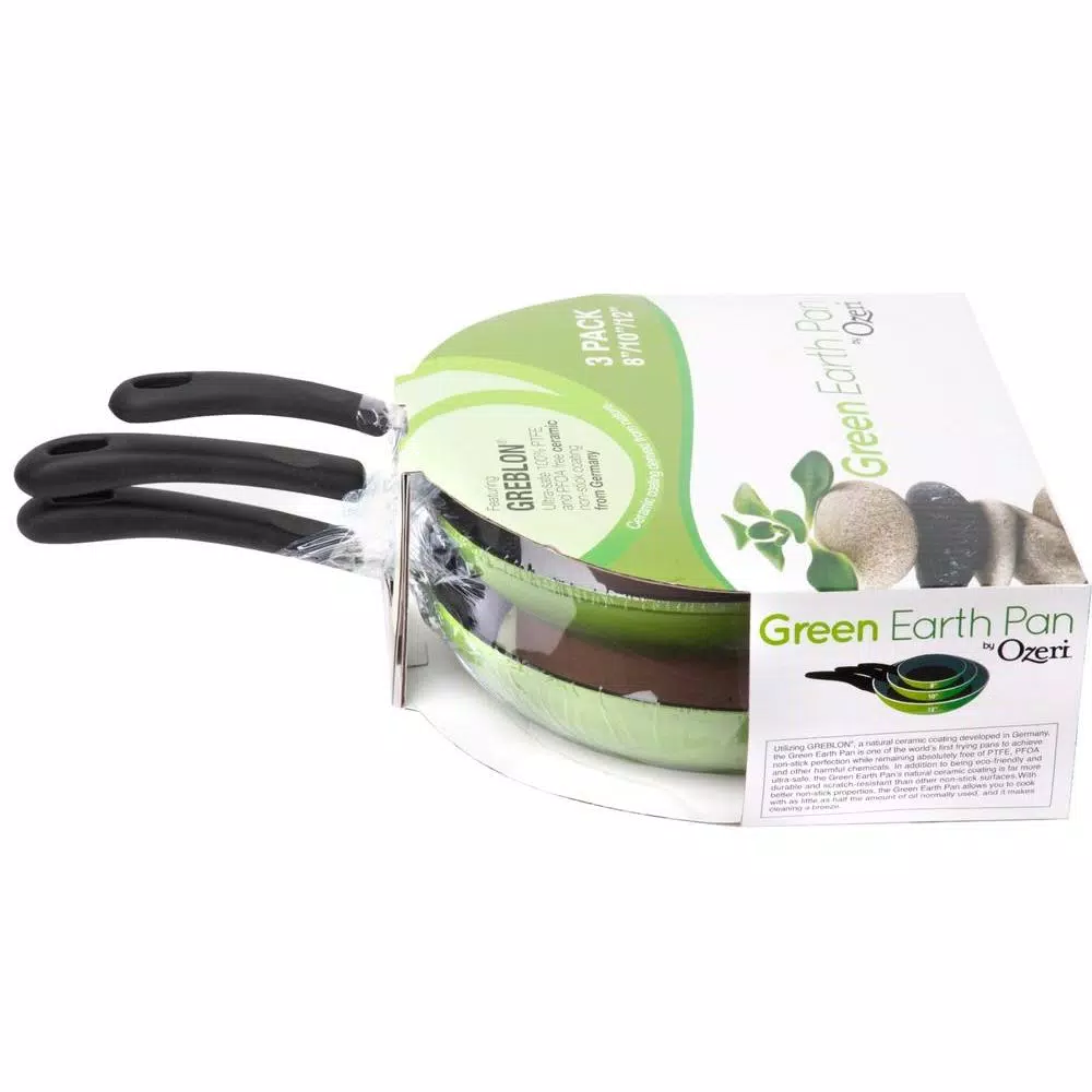 Ozeri Green Earth 3-Piece Aluminum Ceramic Nonstick Frying Pan Set, Green