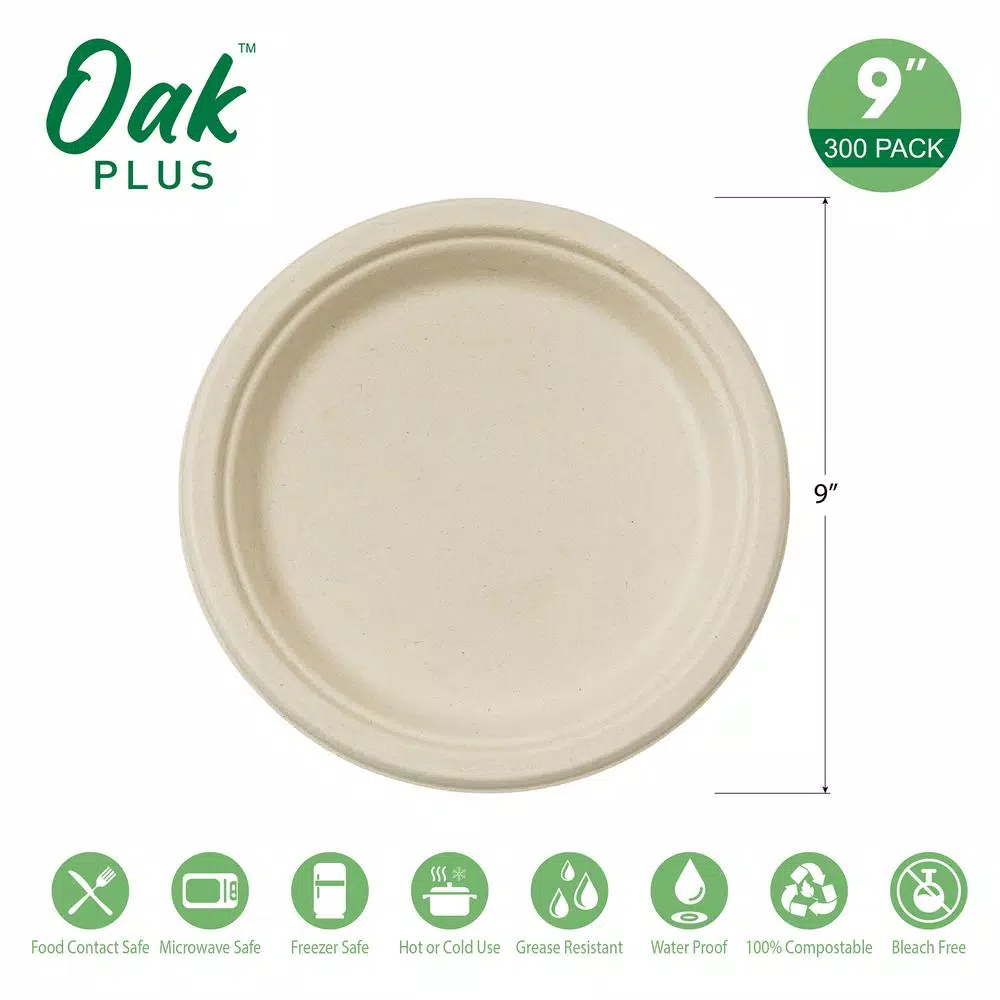 Unbranded 9 in. Natural Sugarcane Plates, Eco-Friendly & Compostable (300 Pack)