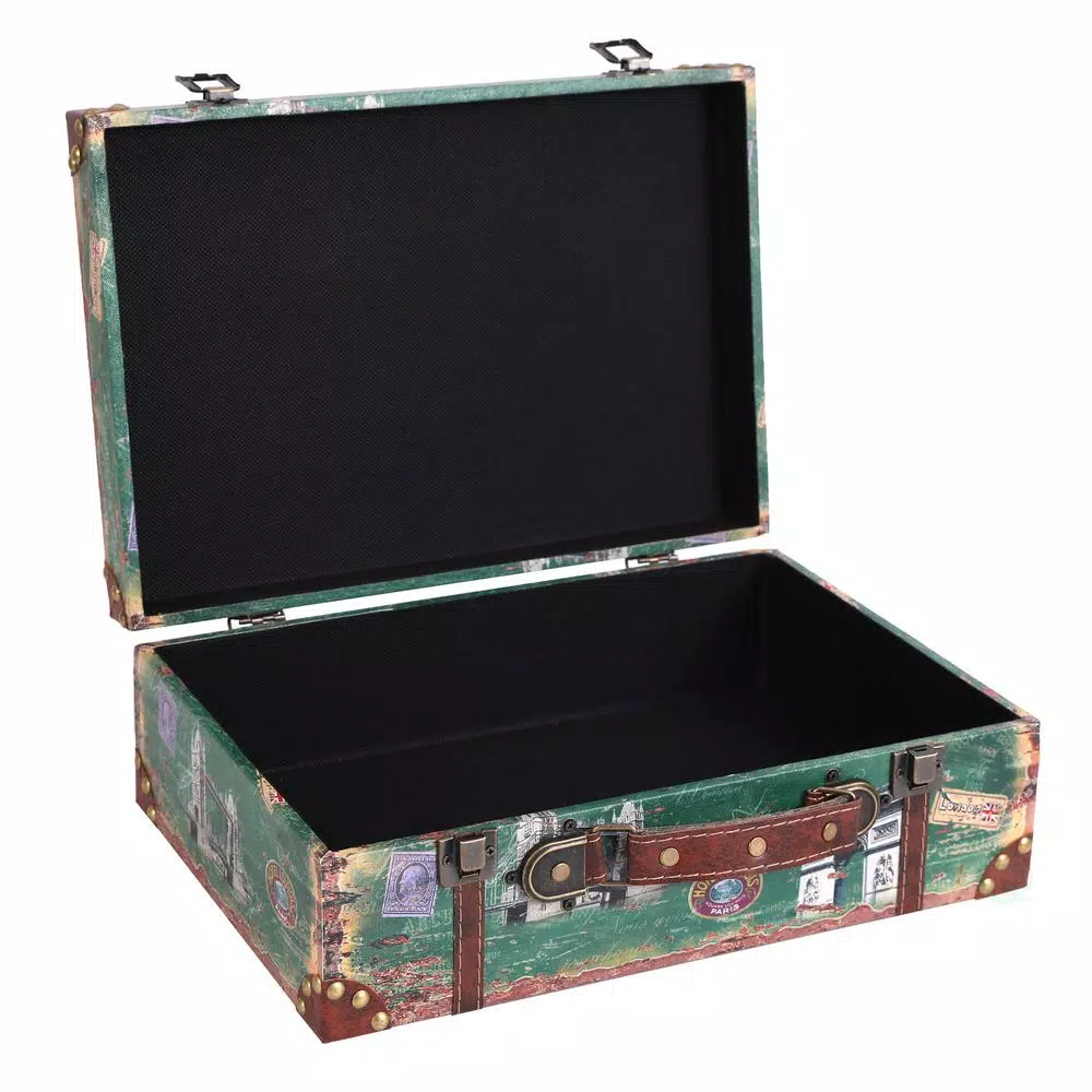 Vintiquewise Set of 2 Vintage-Style World Map Wooden Suitcase Trunks with Leather Straps - Green