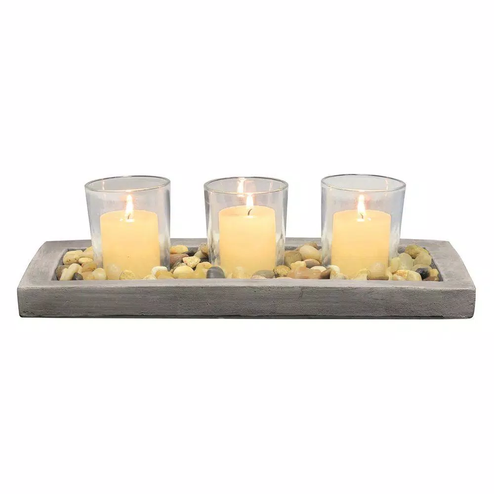 Stonebriar Collection 5 in. Cement Votive Candle Holder Set with Tray and Pebbles