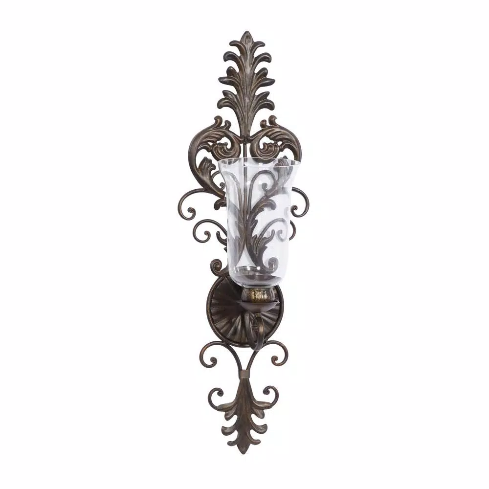 LITTON LANE Antique Gold Flourished Iron Candle Sconce with Clear Glass Hurricane Shade