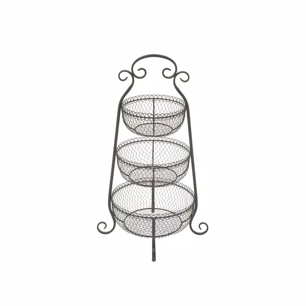 LITTON LANE New Traditional 3-Tier Black Wrought Iron Decorative Basket Tray Stand