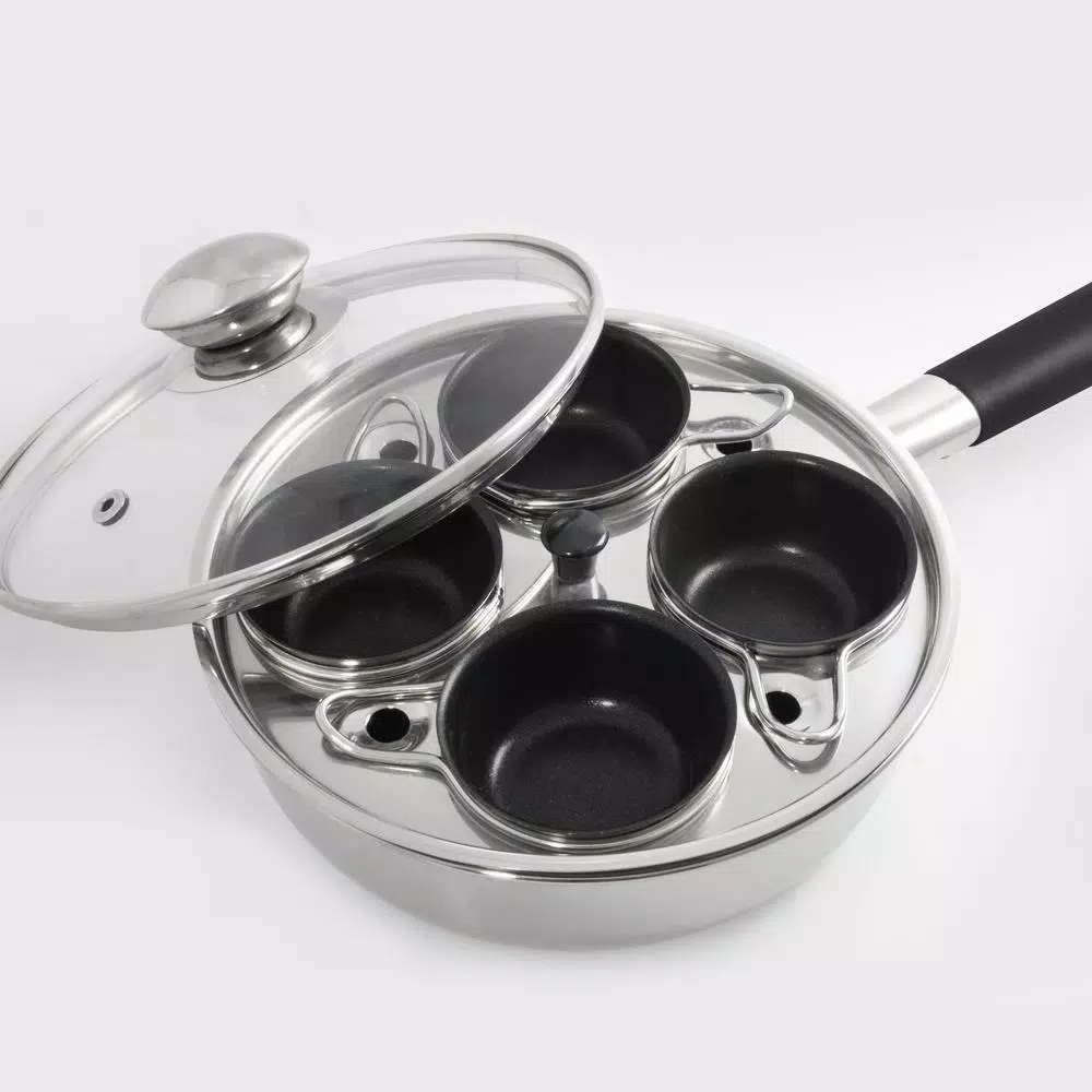 ExcelSteel 4-Cup 18/10 Stainless Steel Egg Poacher with Silicone Grip and Tempered Glass Lid