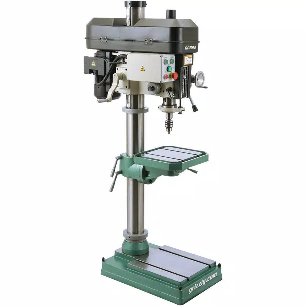 Grizzly Industrial Heavy-Duty Drill Press with Auto Downfeed, 2 HP Motor, 12 Speeds, R-8 Spindle