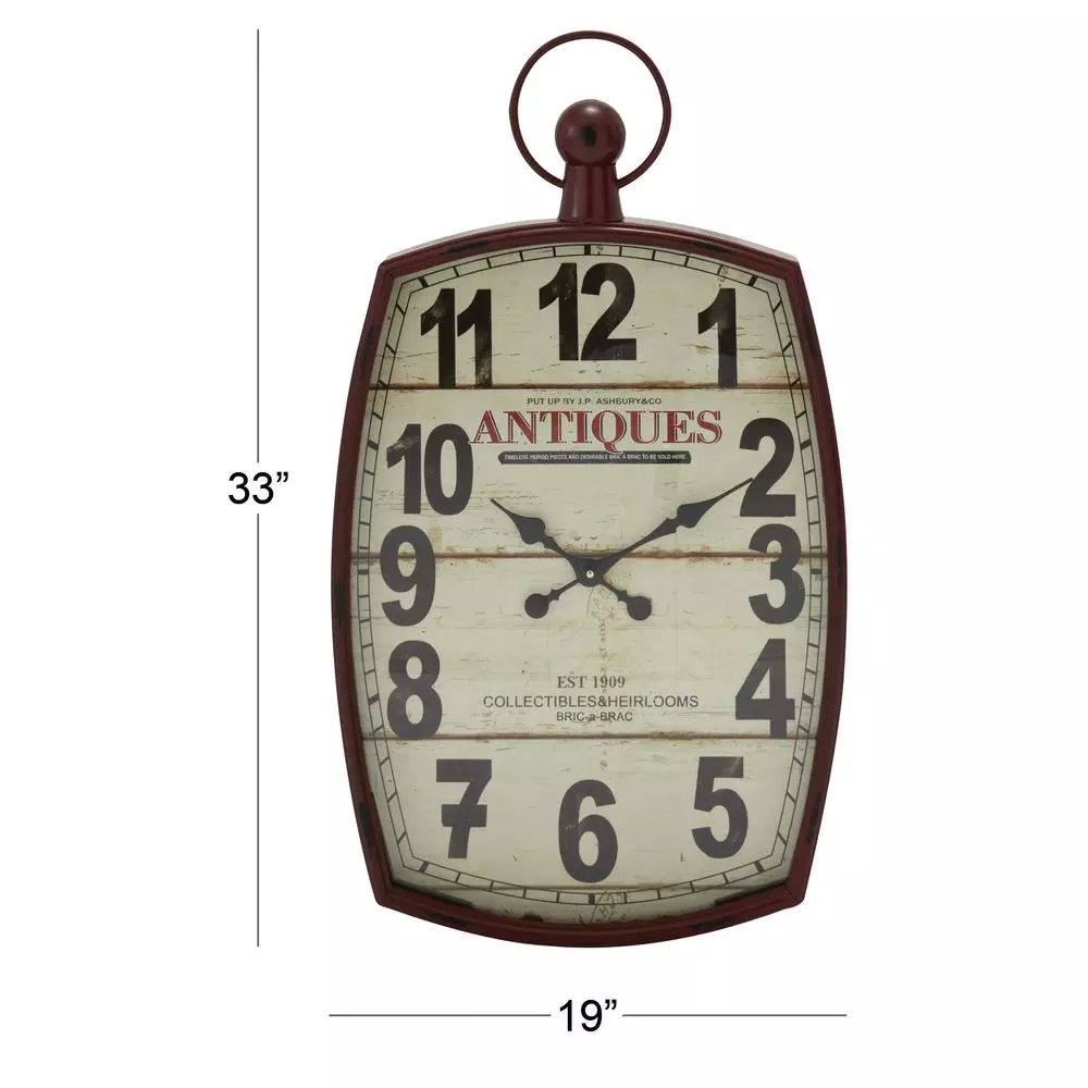 LITTON LANE 33 in. x 19 in. Antique Reproduction Style Wall Clock - Rustic Distressed Red & White