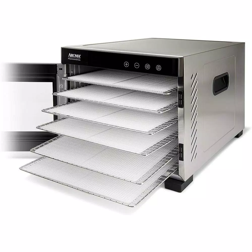 AROMA 6-Tray Digital Food Dehydrator with Glass Door and Stainless Steel Trays, 600W, Black