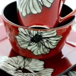 Elama Winter Bloom 16-Piece Red Stoneware Dinnerware Set, Asian Inspired Square Design, Service for 4 thumbnail 2