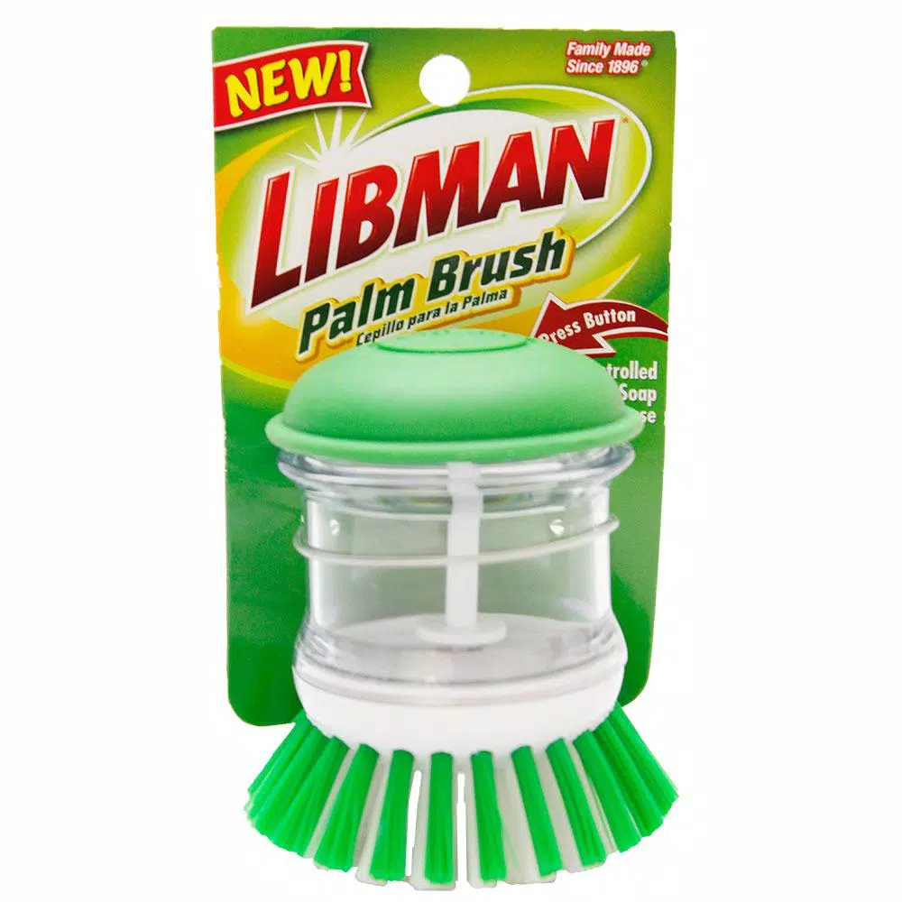 Libman Dishwashing Palm Brush with Soap Dispenser - Heavy Duty Scrubbing Tool
