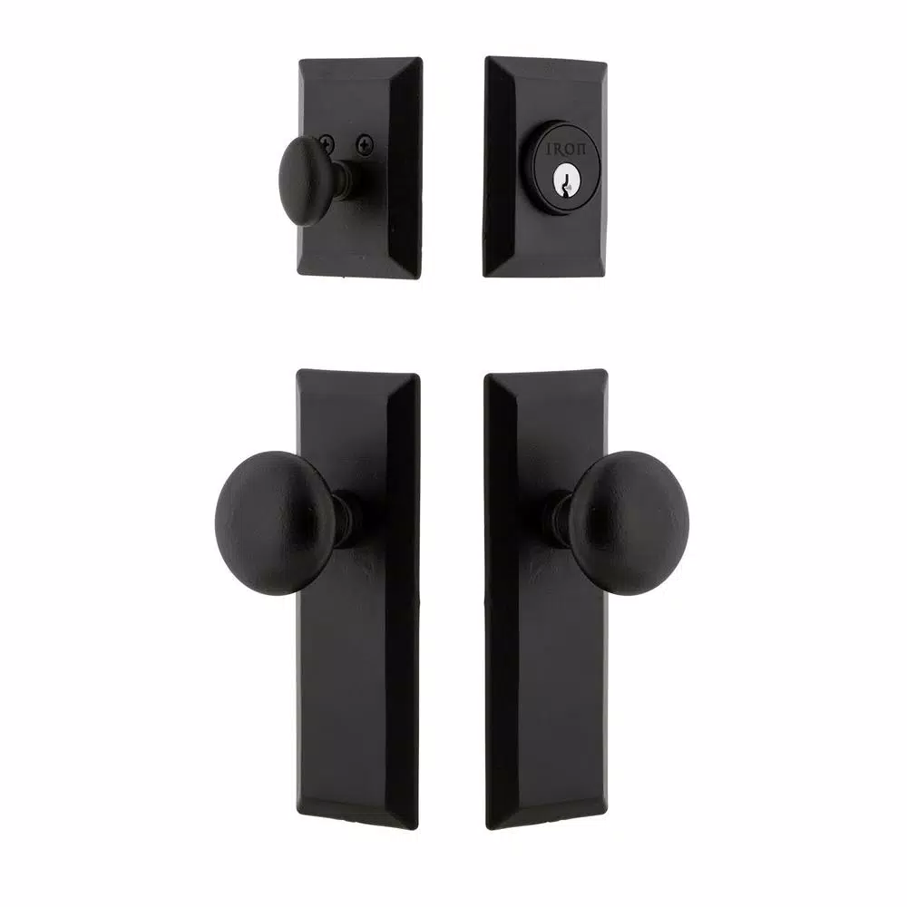 Unbranded Ageless Iron Keep Black Iron Long Plate Handleset with Round Knob and Deadbolt Combo Pack