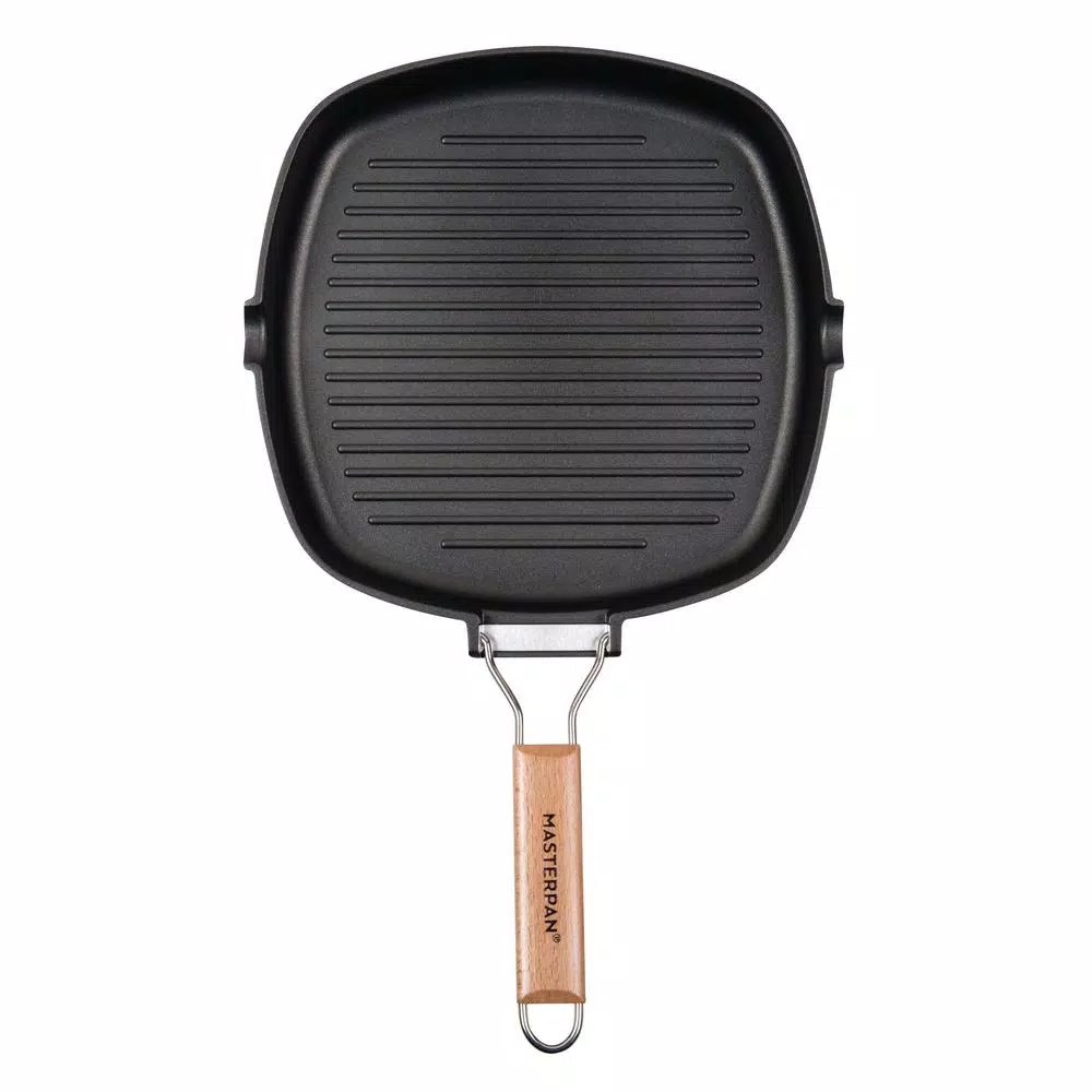 MasterPan 10 in. Cast Aluminum Nonstick Grill Pan with Pour Spout and Folding Wooden Handle, Black