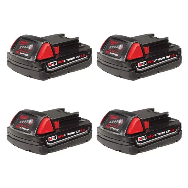 Milwaukee M18 18V Lithium-Ion 1.5Ah Compact Battery Pack, 4-Pack