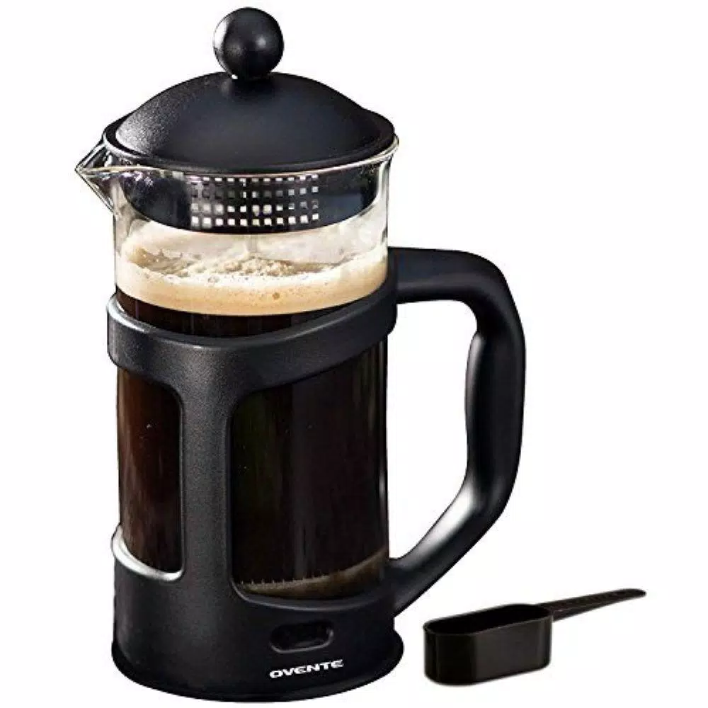 Ovente 4-Cup Black French Press Coffee and Tea Maker with Borosilicate Glass Carafe and Measuring Scoop