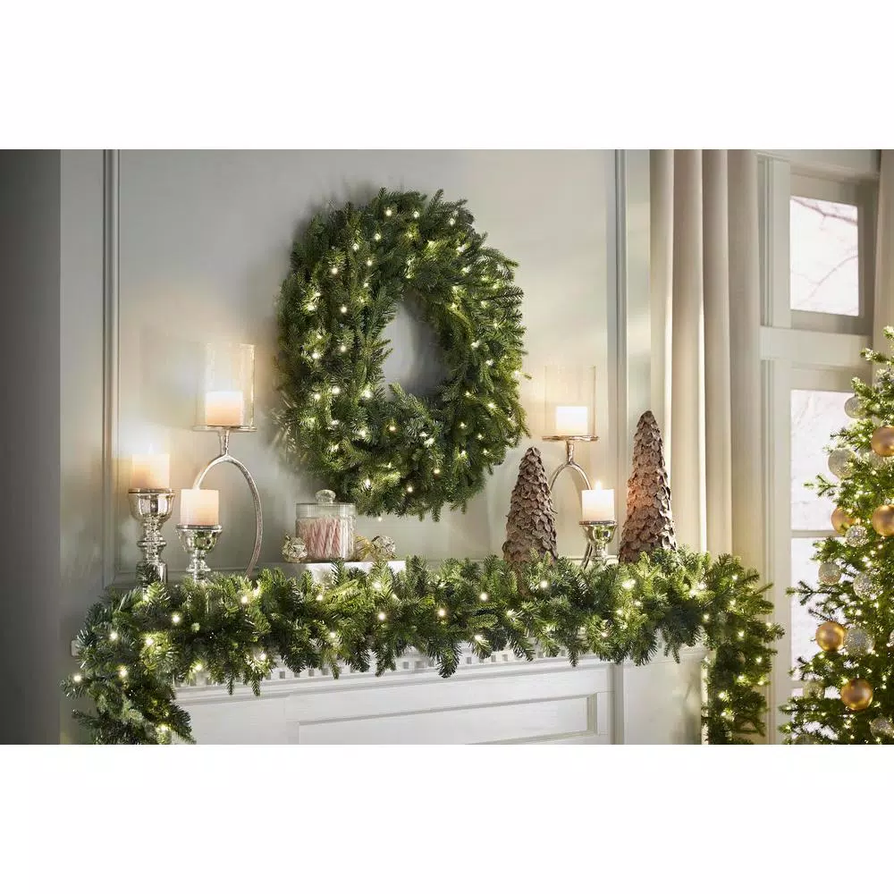 Home Accents Holiday 12 ft. Pre-Lit Norway Garland with 70 Warm White LED Lights, Battery Operated